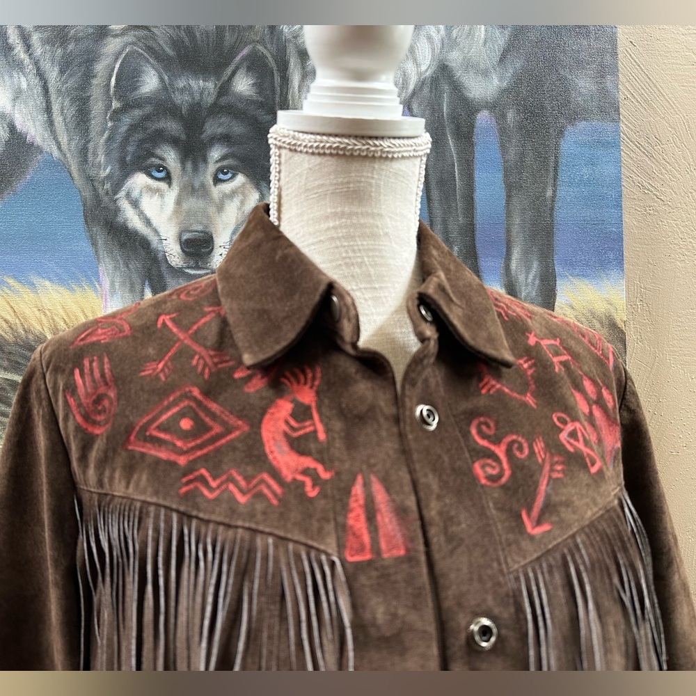 Gorgeous handpainted suede fringe jacket sz SM tribal Southwest horse eagle OOAK - Picture 9 of 12